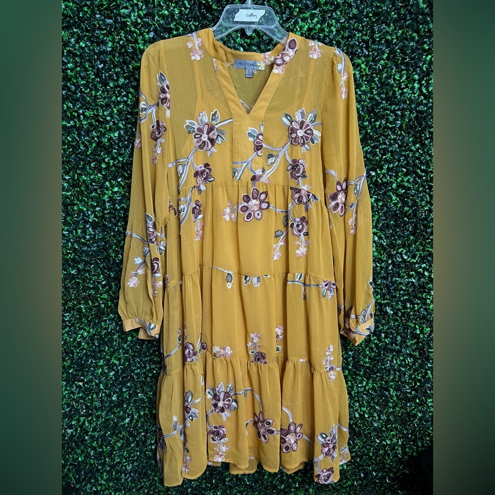 Figueroa & flowers Mustard embroidered Floral Long Sleeve Dress size S